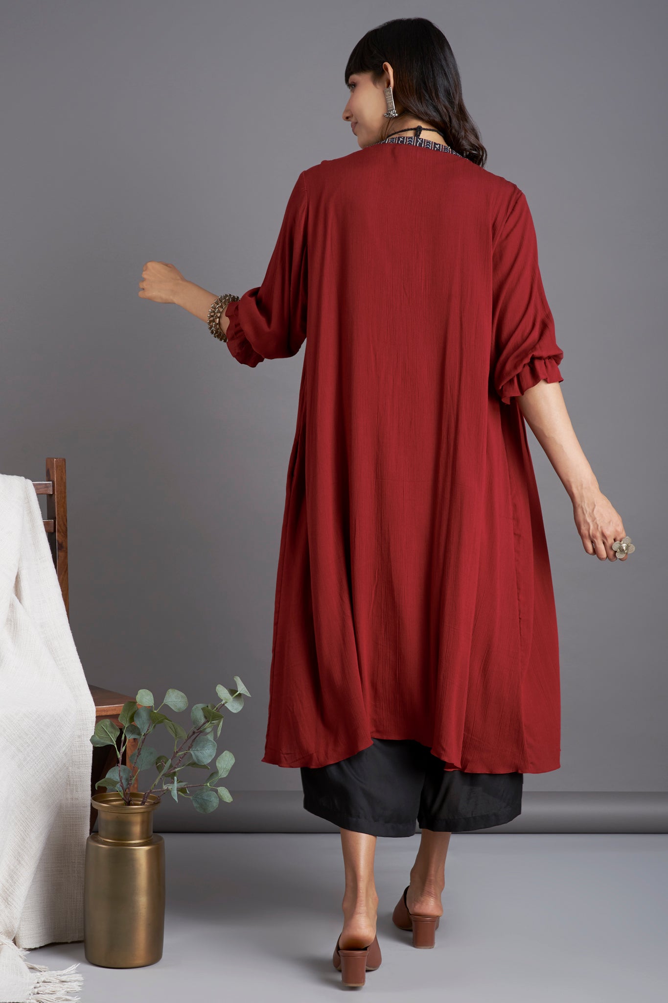 Deep maroon crush cotton gather jacket with Kutchi vintage rabari hand embroirdery yoke with dori and inner black sleeveless and black culotte