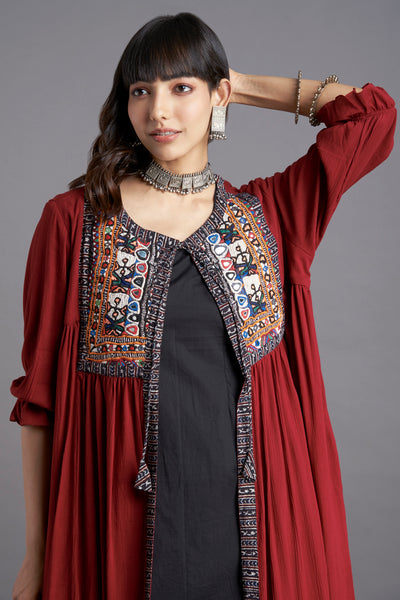 Deep maroon crush cotton gather jacket with Kutchi vintage rabari hand embroirdery yoke with dori and inner black sleeveless and black culotte