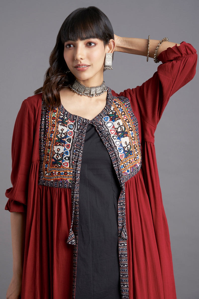 Deep maroon crush cotton gather jacket with Kutchi vintage rabari hand embroidery yoke with dori and inner black sleeveless and black culotte