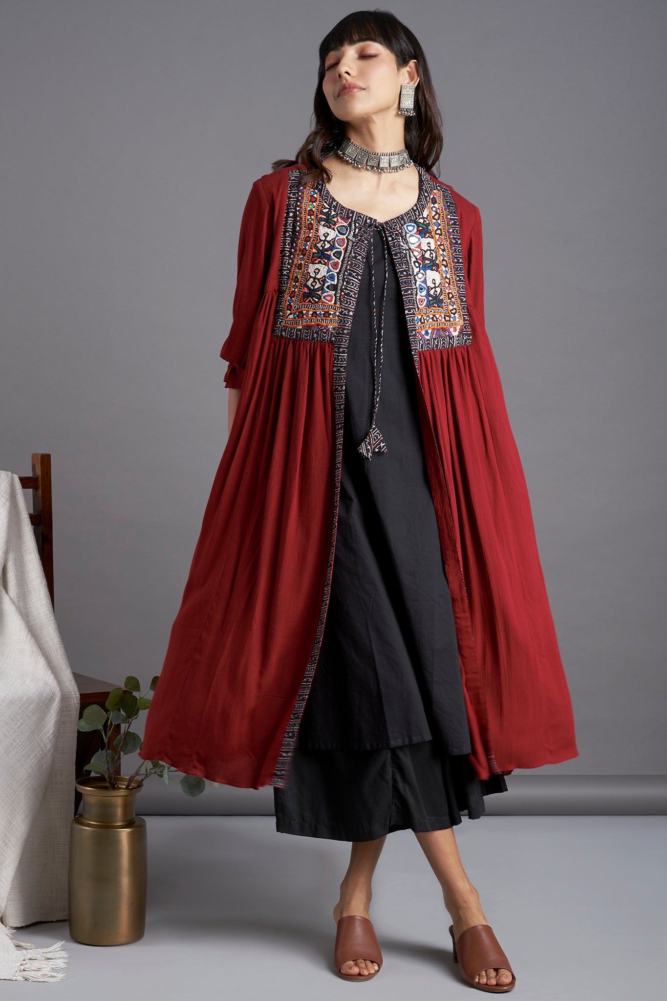 Deep maroon crush cotton gather jacket with Kutchi vintage rabari hand embroirdery yoke with dori and inner black sleeveless and black culotte