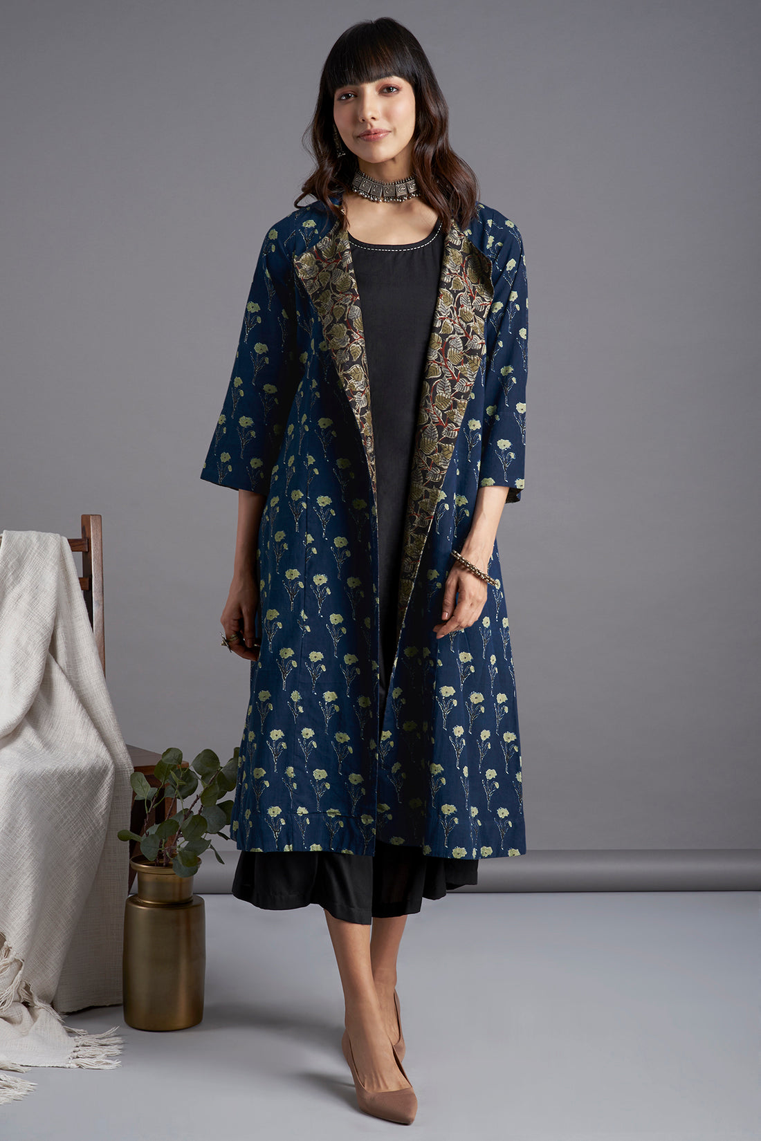 Ajrakh Deep Indigo  Light green Lily Printed Cotton  Long sleevedJacket with  Green black floral lapel and Black Sleeveless Inner and Black Culotte