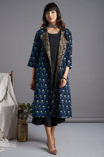 Ajrakh Deep Indigo  Light green Lily Printed Cotton  Long sleevedJacket with  Green black floral lapel and Black Sleeveless Inner and Black Culotte