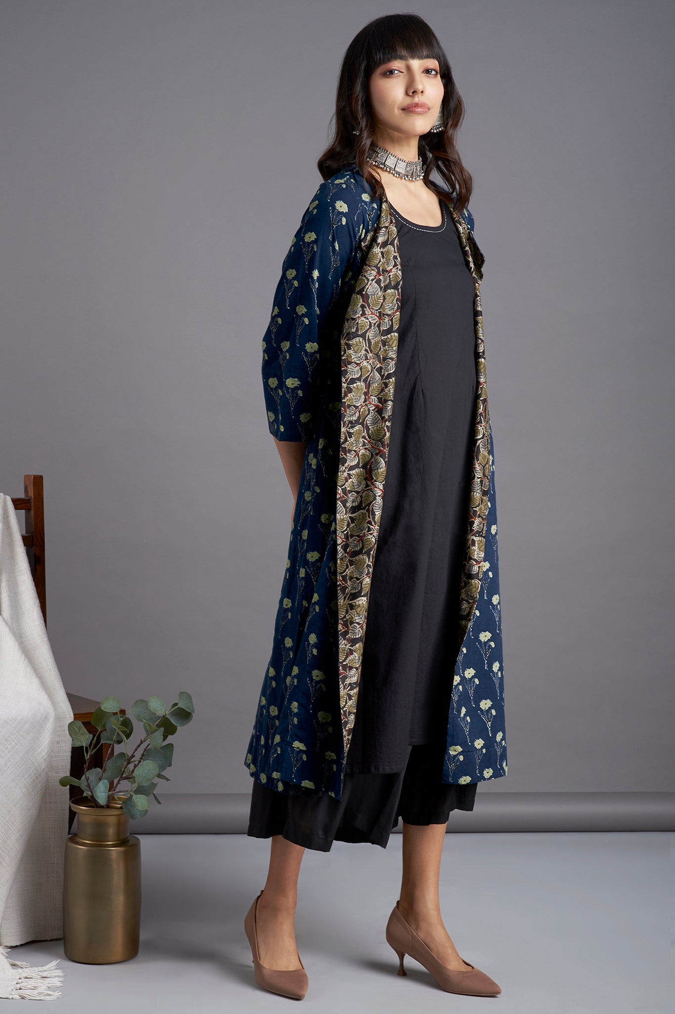 Ajrakh Deep Indigo  Light green Lily Printed Cotton  Long sleevedJacket with  Green black floral lapel and Black Sleeveless Inner and Black Culotte