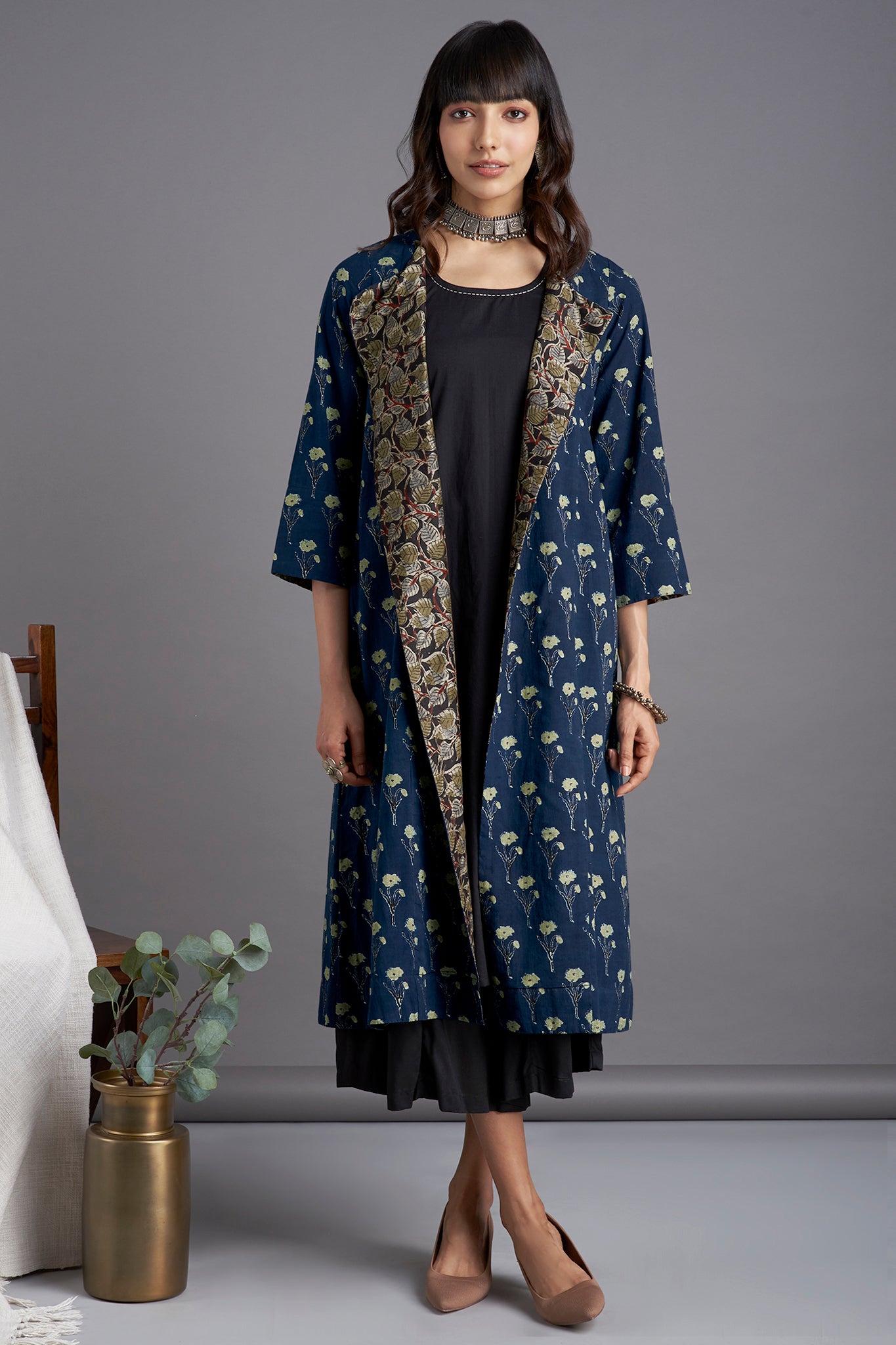 Ajrakh Deep Indigo  Light green Lily Printed Cotton  Long sleevedJacket with  Green black floral lapel and Black Sleeveless Inner and Black Culotte