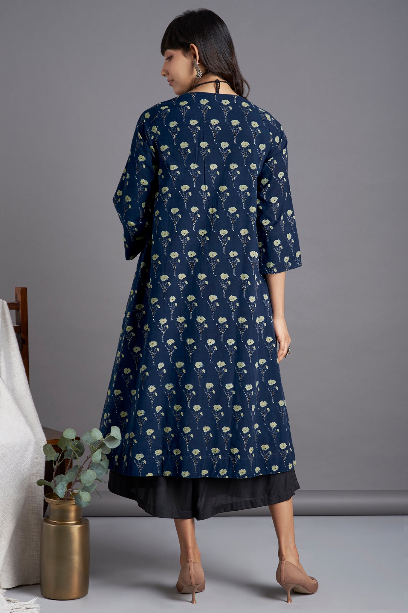 Ajrakh Deep Indigo  Light green Lily Printed Cotton  Long sleevedJacket with  Green black floral lapel and Black Sleeveless Inner and Black Culotte