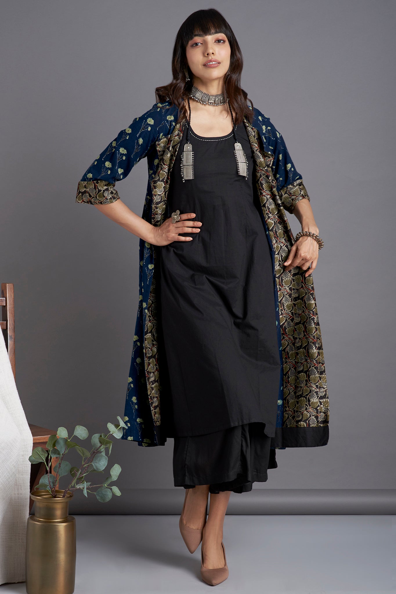 Ajrakh Deep Indigo  Light green Lily Printed Cotton  Long sleevedJacket with  Green black floral lapel and Black Sleeveless Inner and Black Culotte