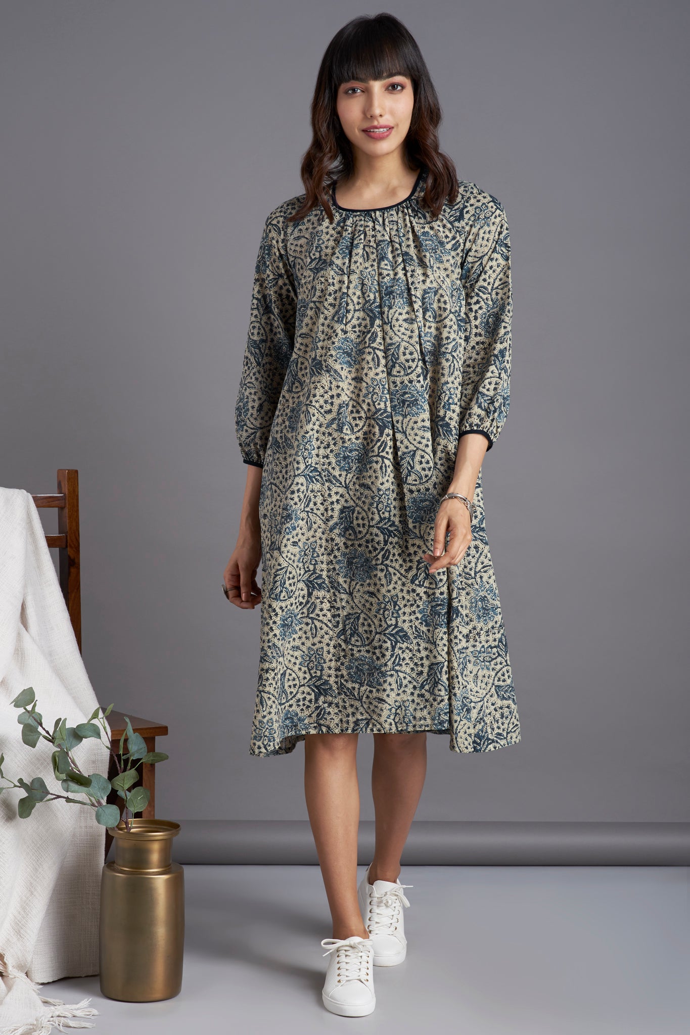 midi gather dress - marine magic & flowering vines