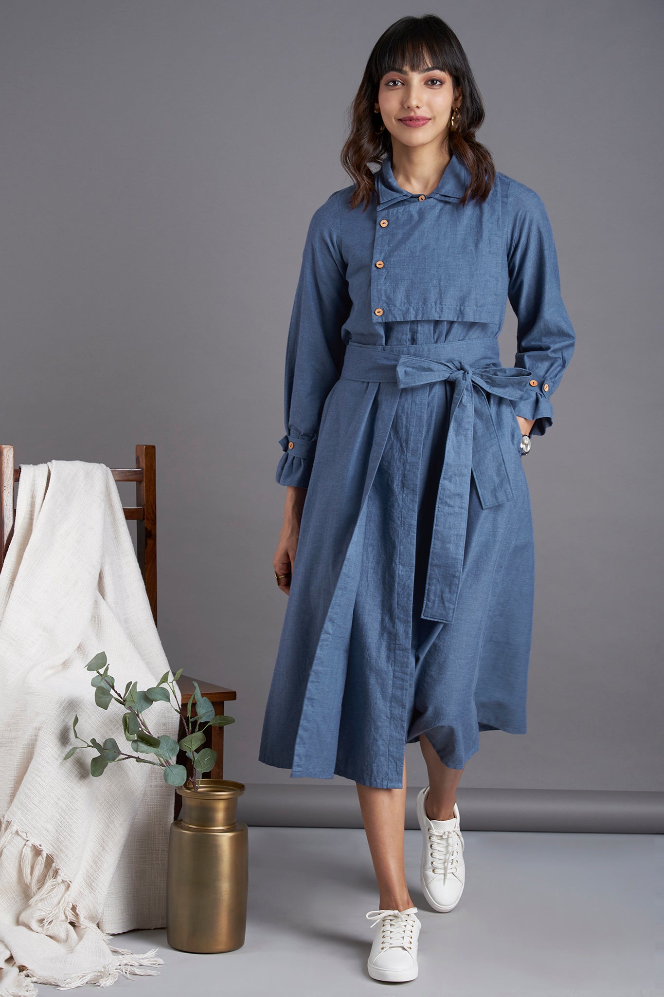 Denim blue south cotton Knee length dress with collar  and front flap with buttons and belt  and side pockets 