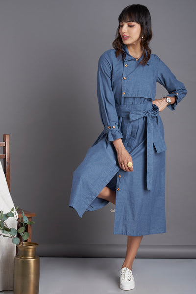 Denim blue south cotton Knee length dress with collar  and front flap with buttons and belt  and side pockets