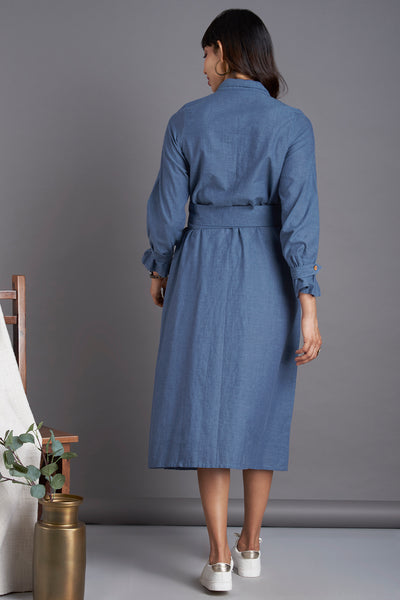 Denim blue south cotton Knee length dress with collar  and front flap with buttons and belt  and side pockets