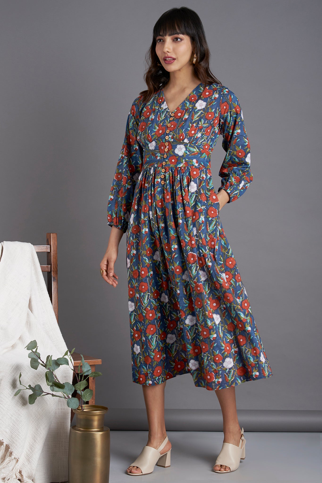 V Neck Indigo orange white floral gather dress with fitted waist and pockets