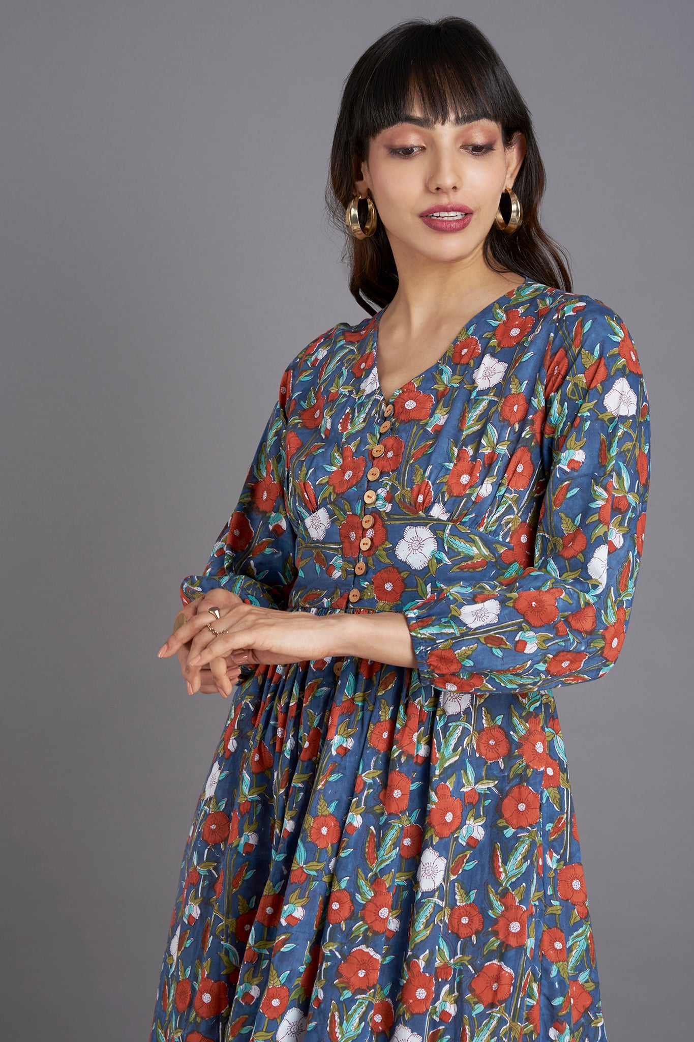 V Neck Indigo orange white floral gather dress with fitted waist and pockets
