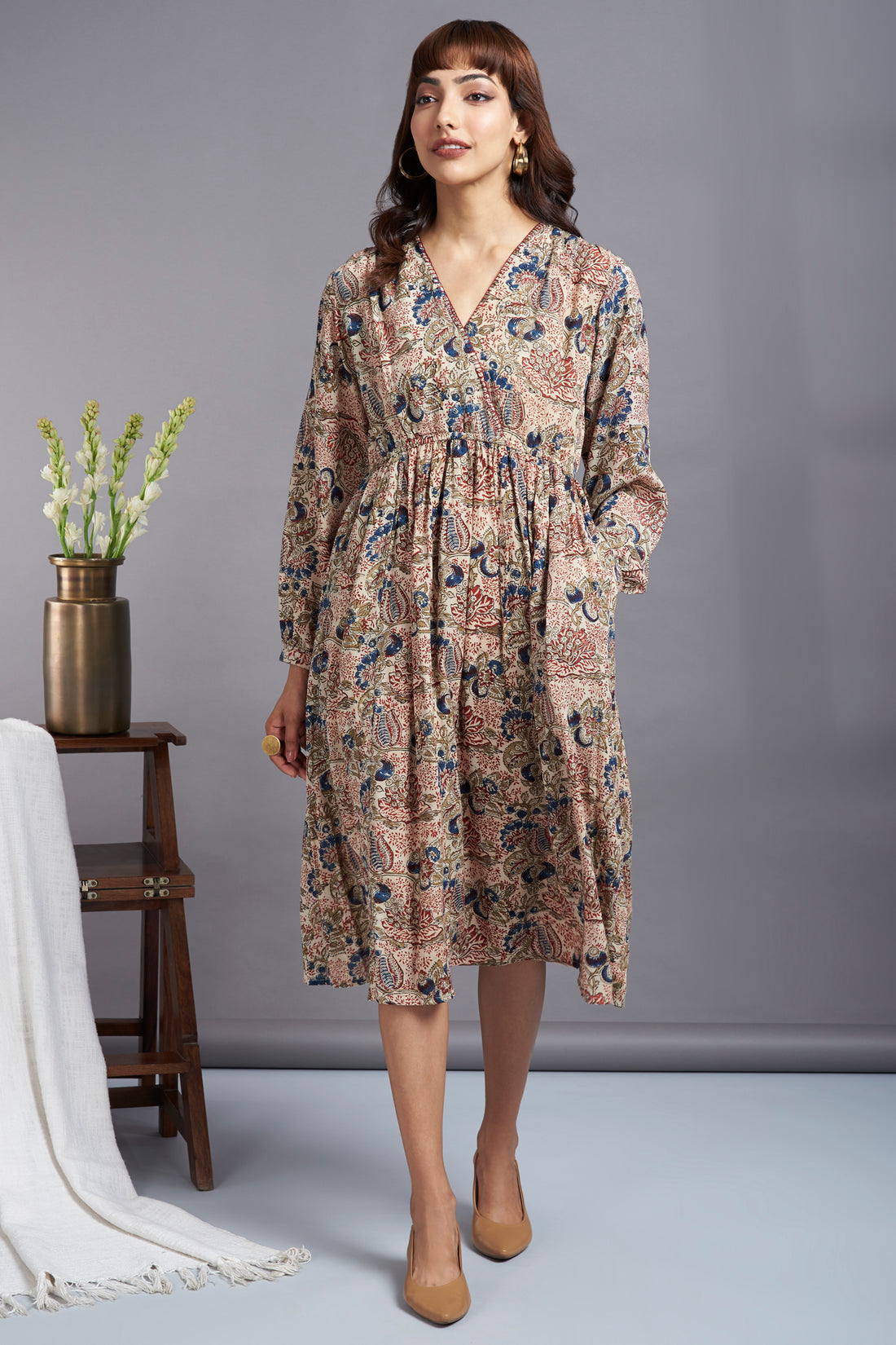exotic botanic - kalamkari modal wrap dress with bucket stitch details