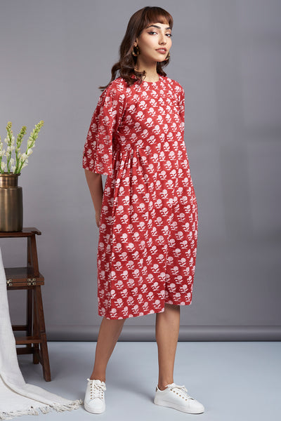 poppy red - side gather box pleat sleeve handblock printed  shift dress