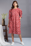 poppy red - side gather box pleat sleeve handblock printed  shift dress