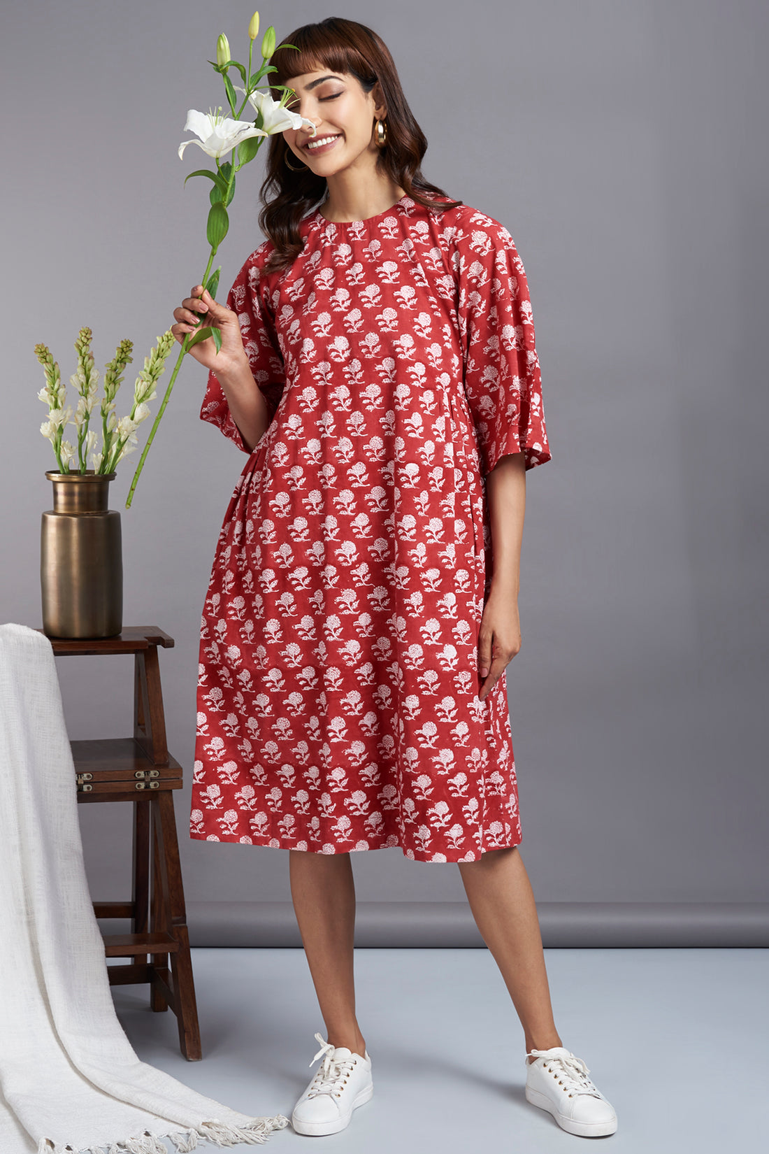 poppy red - side gather box pleat sleeve handblock printed  shift dress