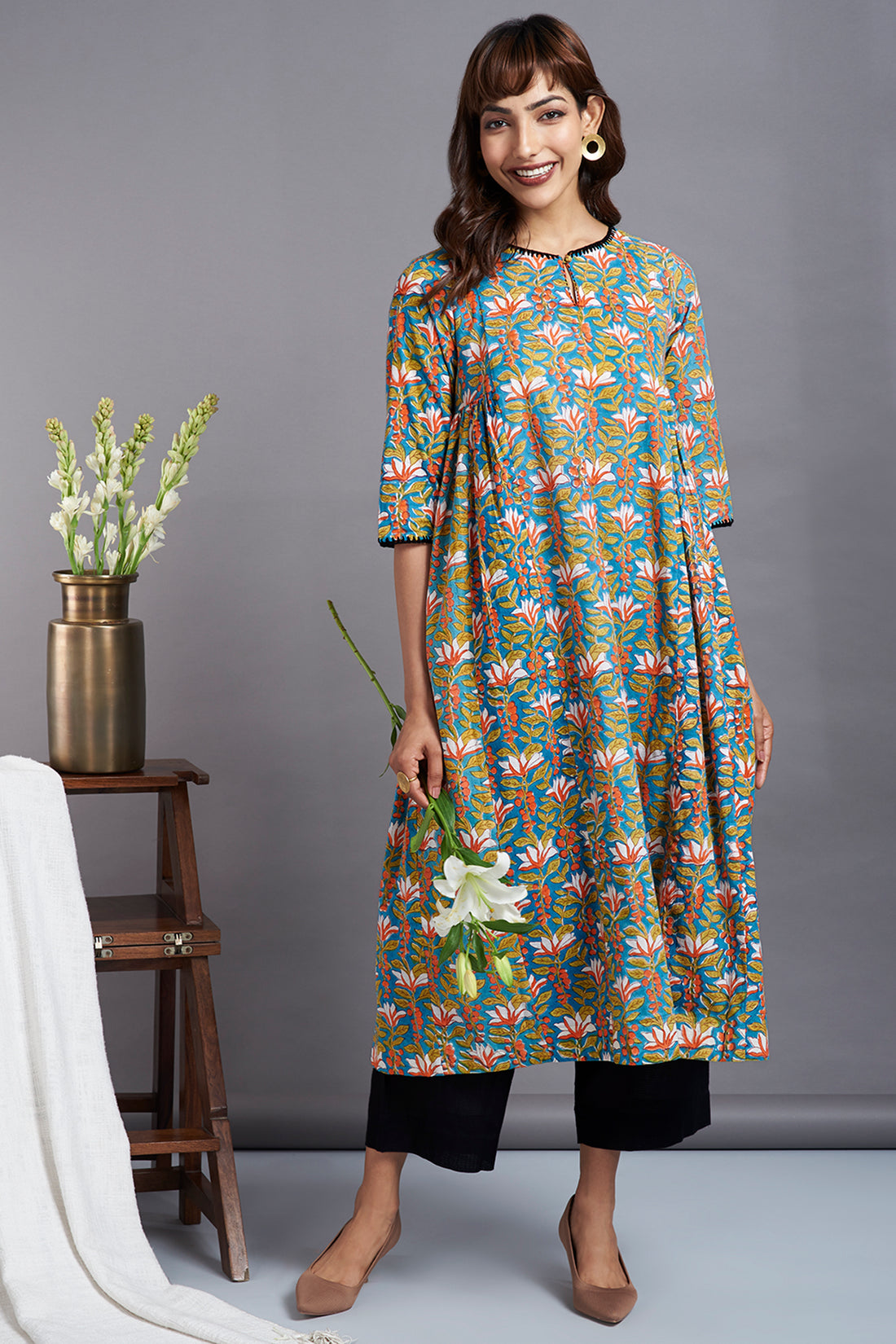misty flower fields - side gather handblock printed a-line kurta with crochet details