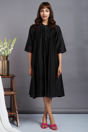 ethereal black - luxe crew neck chanderi gather dress