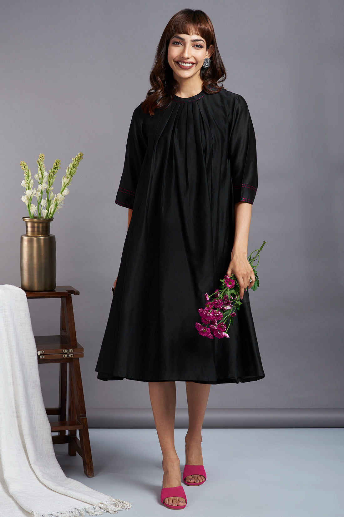ethereal black - luxe crew neck chanderi gather dress