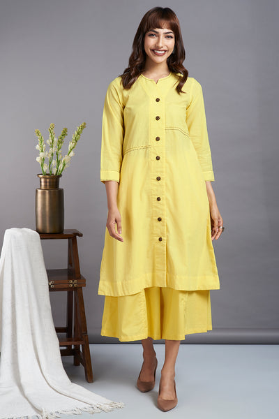 yellow button down tunic kurta with hand stitched details