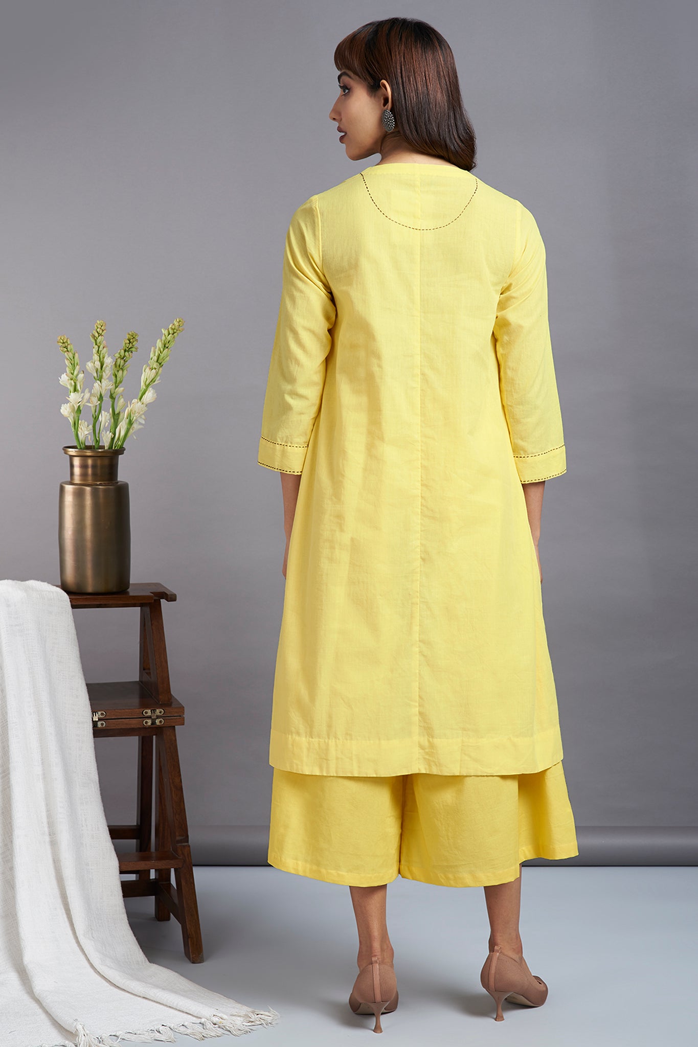 yellow button down tunic kurta with hand stitched details back view
