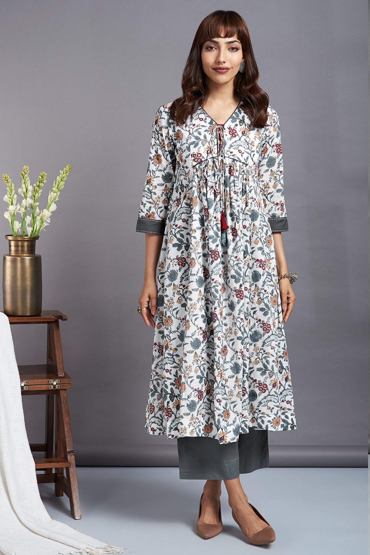 Kalitha Threads tie-up gather kali kurta - porcelain garden & morning songs - maati crafts