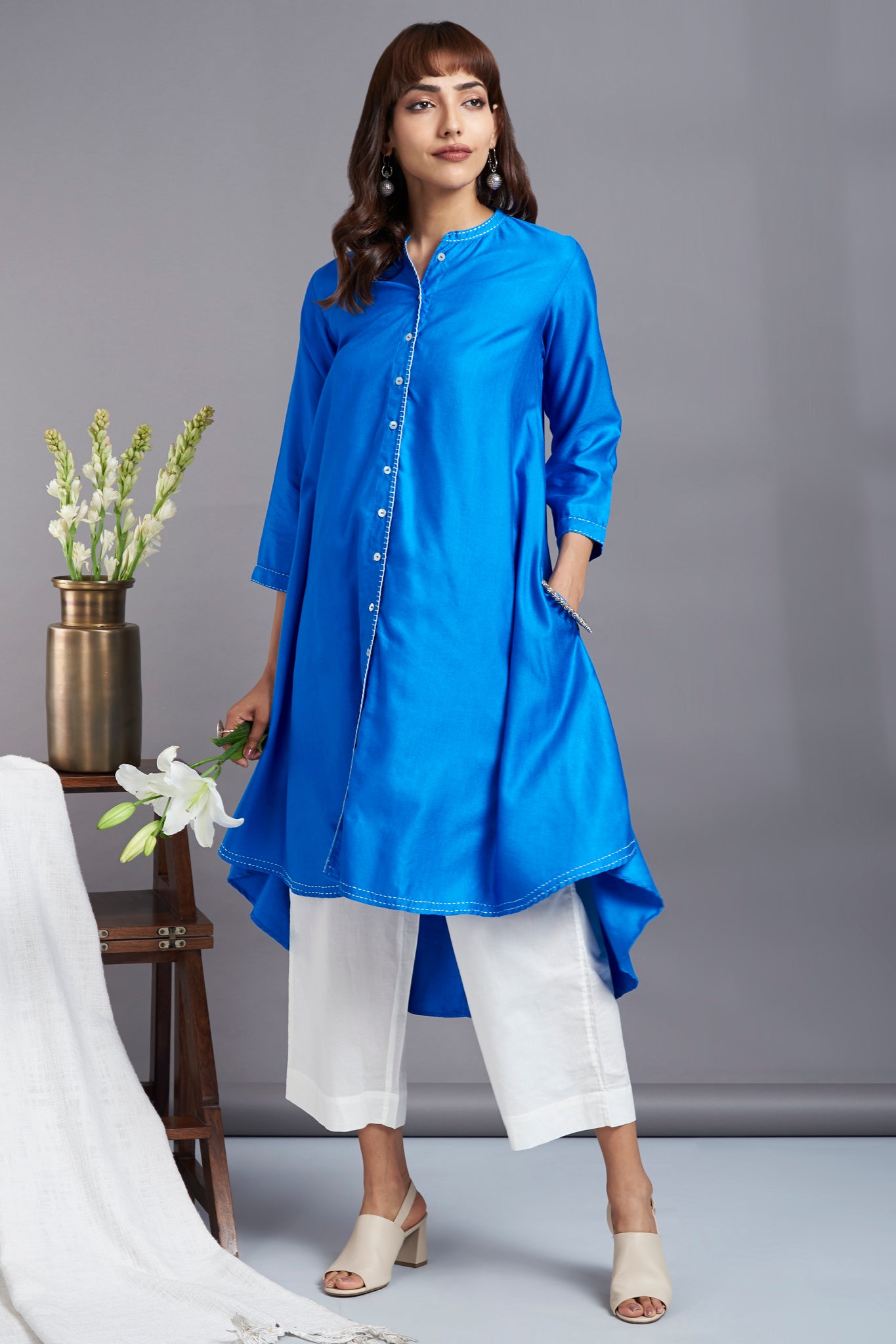 Buy blue silk asymmetrical hemline button down tunic - maati crafts