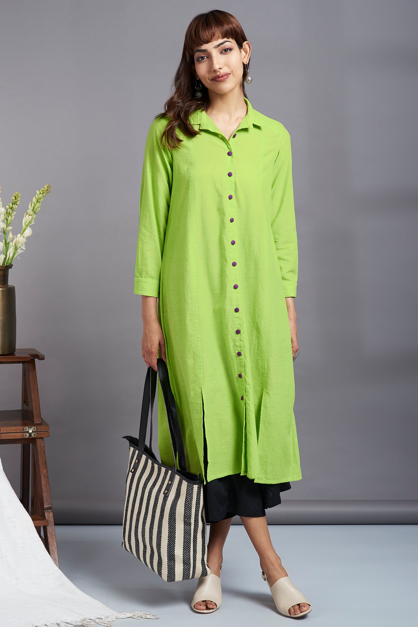 chartreuse lime long cotton shirt dress with front buttons maati crafts