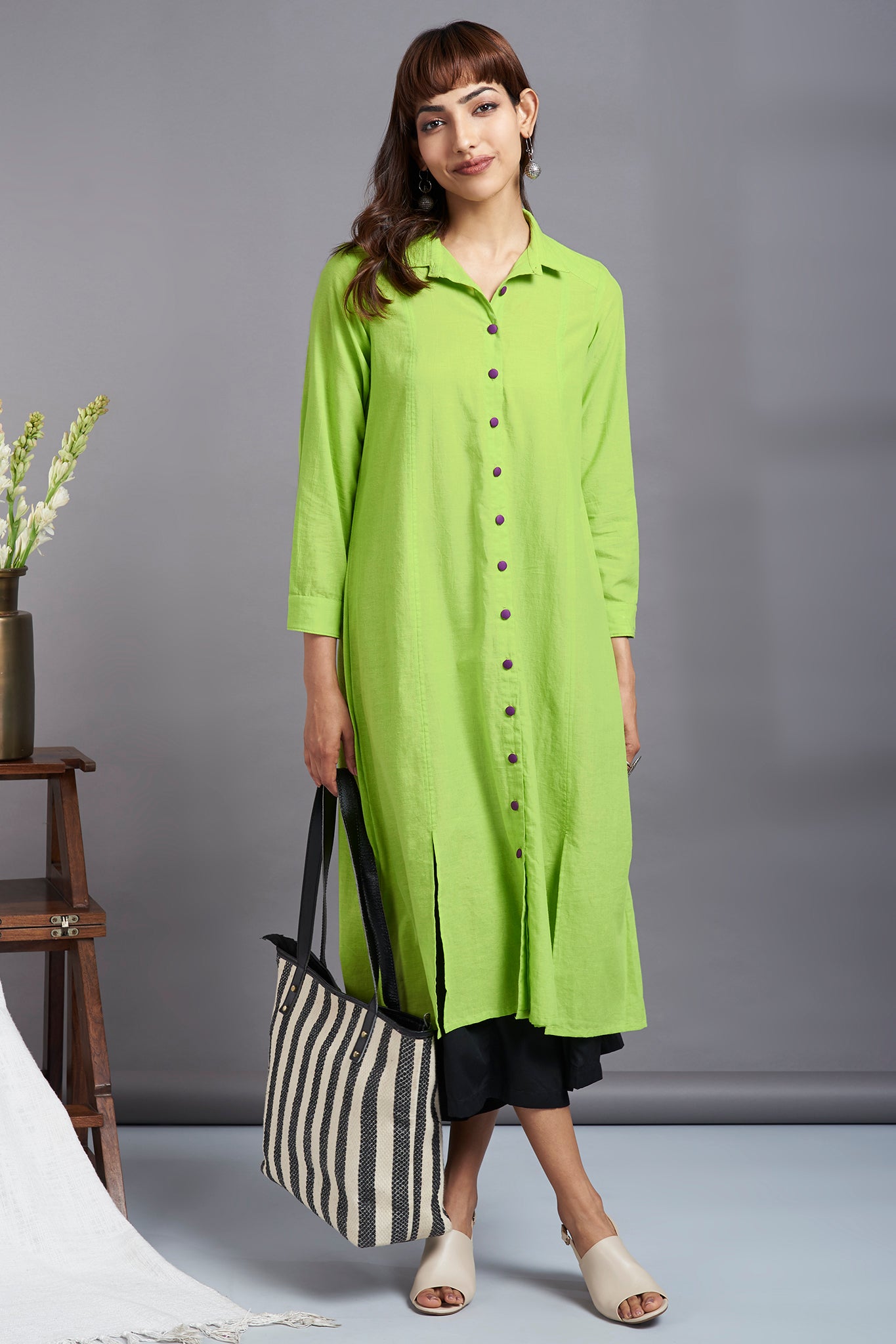 chartreuse lime - long cotton shirt dress with front buttons