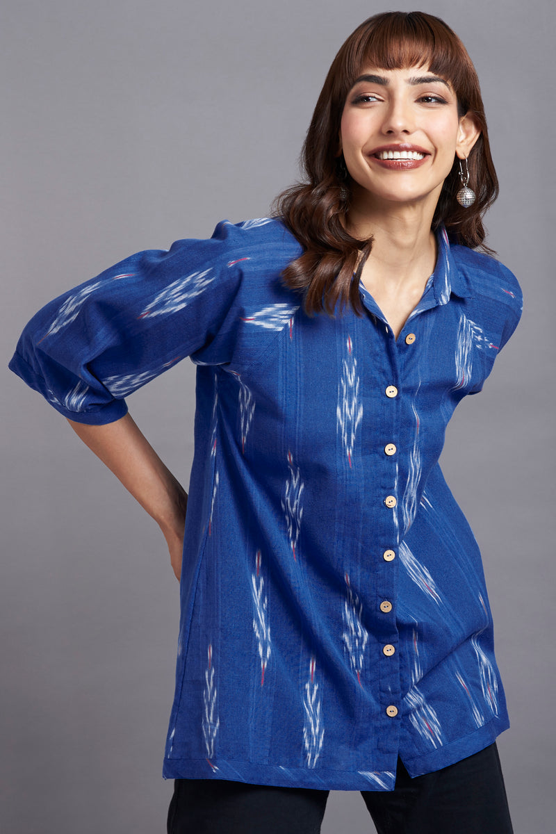 button down shirt with round hem & easy sleeve - marine blue & chicago skies