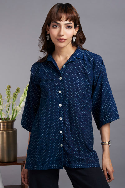 button down shirt with round hem & easy sleeve - indigo sprinkles & midsummer night