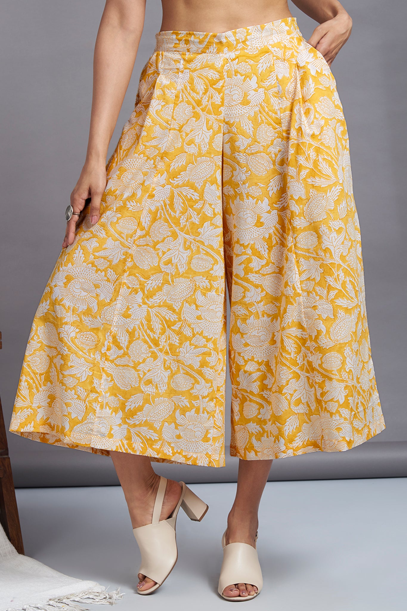 box pleated culotte -sunbeam yellow floral maati crafts