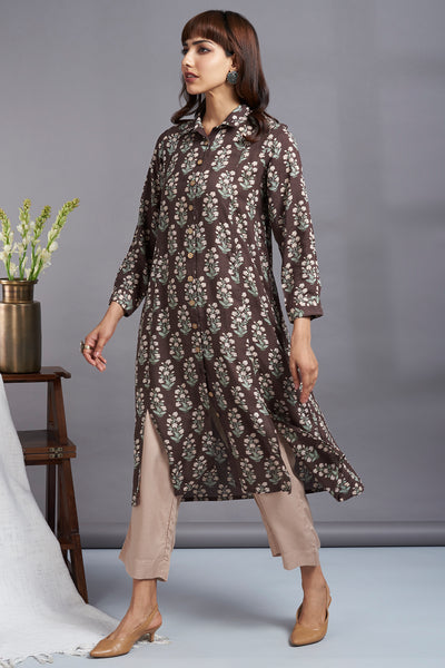 spring bronze - silk modal long shirt dress with front buttons