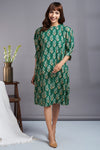 emerald bloom- modal silk side gather box pleat sleeve modal block printed shift dress