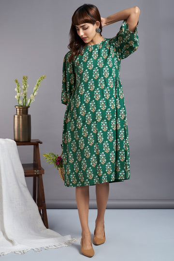 emerald bloom- modal silk side gather box pleat sleeve modal block printed shift dress