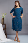 tropical indigo - side bias cotton shift dress with pockets & hand embroidery