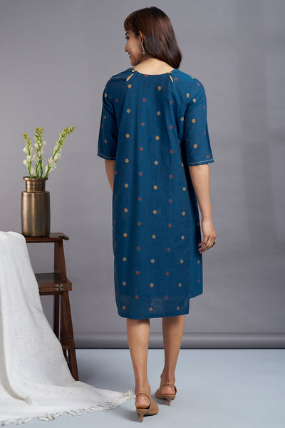 tropical indigo - side bias cotton shift dress with pockets & hand embroidery