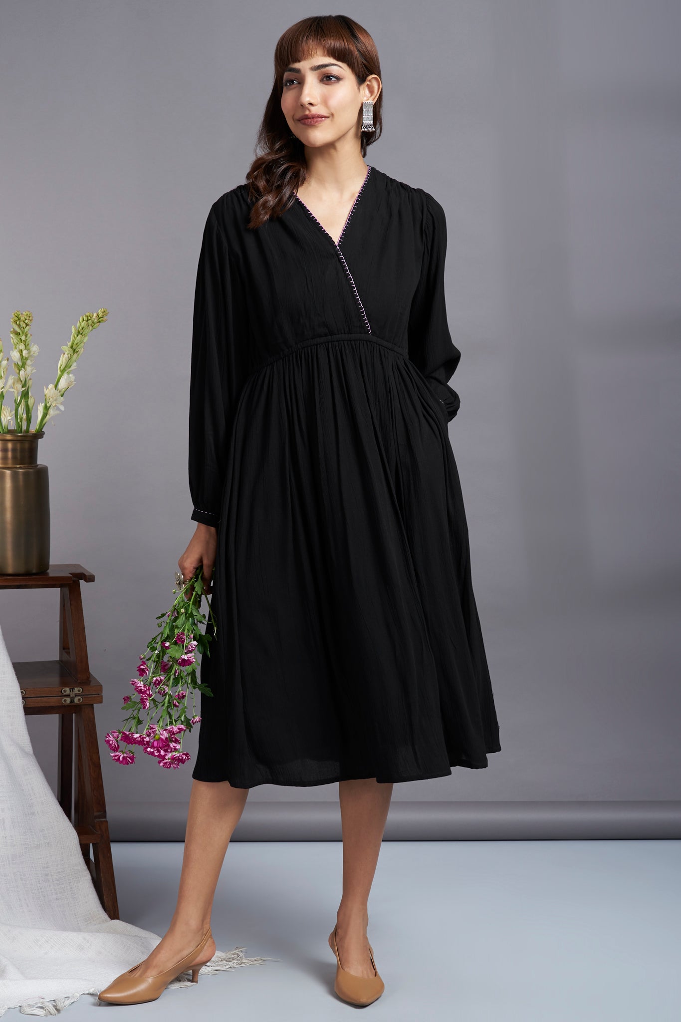 ecstasy black - crush cotton wrap dress with bucket stitch details ...