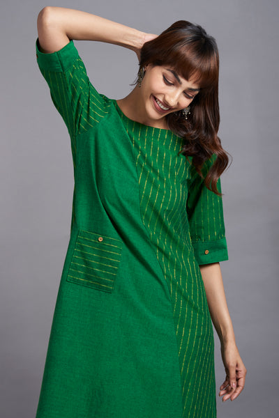 euphoria green - cross bias dress with gold lines