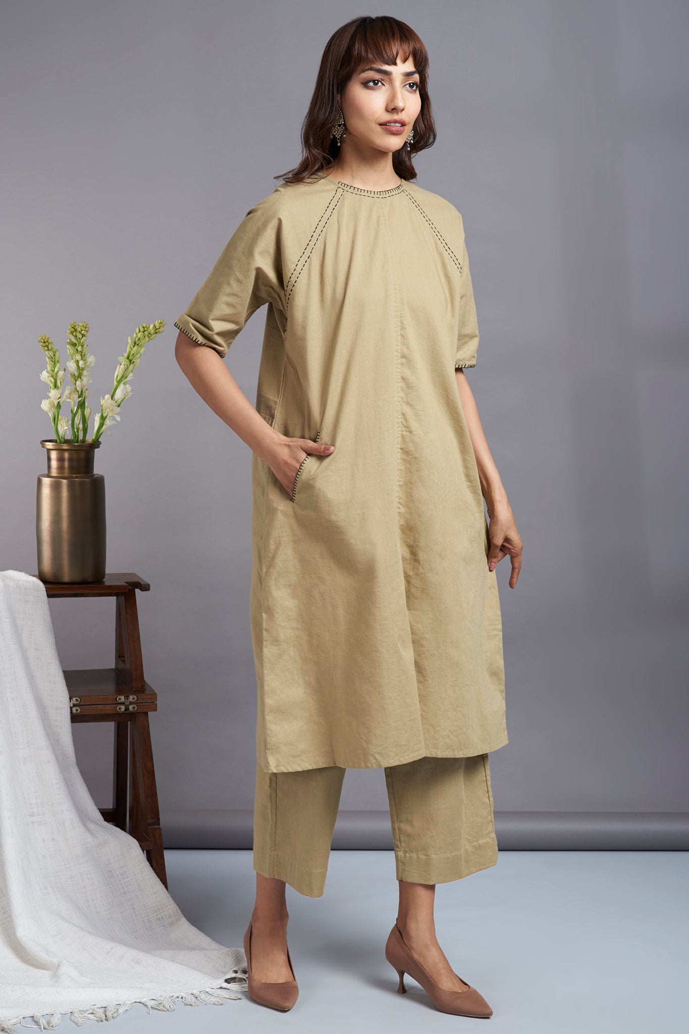 beige drop shoulder tunic with pockets