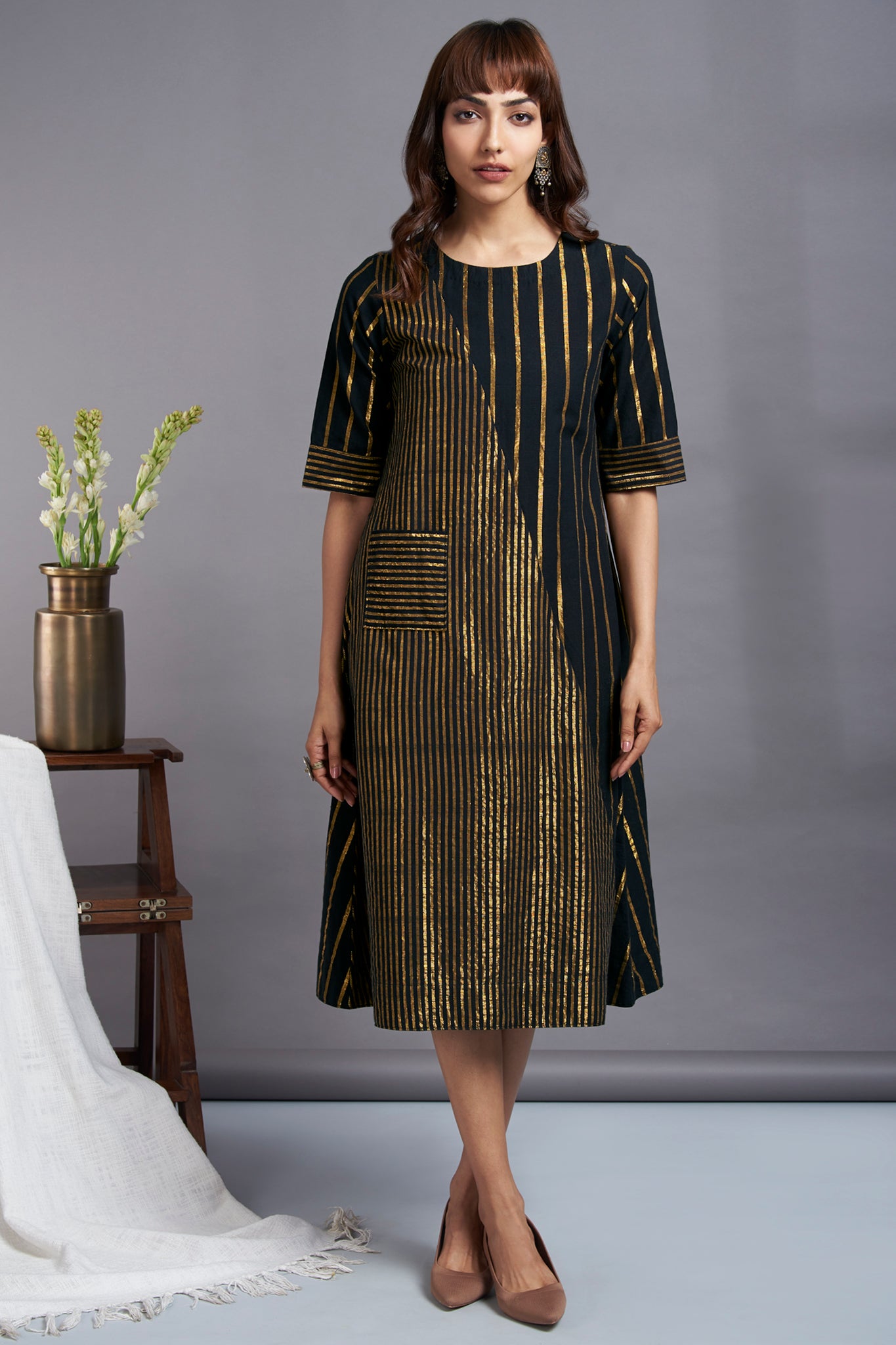black cross bias handwoven cotton dress with gold stripes