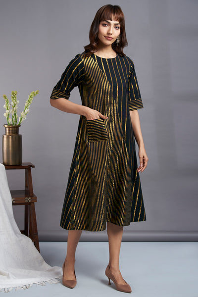 cross bias handwoven cotton dress with gold stripes with pocket