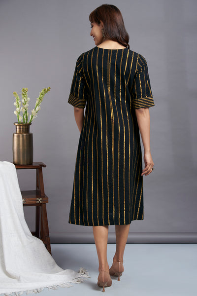 black cross bias handwoven cotton dress with gold stripes back view