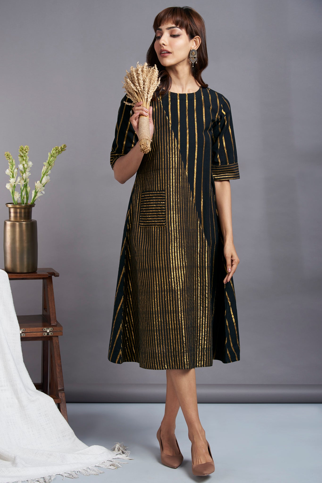 starlette glitter - cross bias handwoven cotton dress with gold stripes