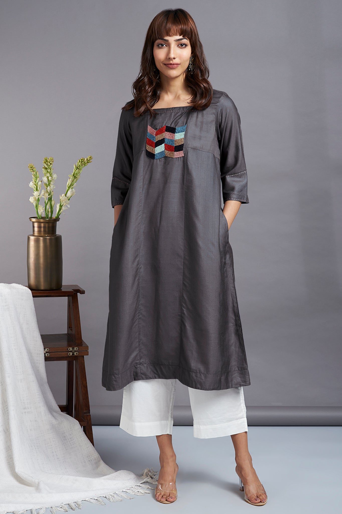 grey luxe silk square panel kurta with pockets