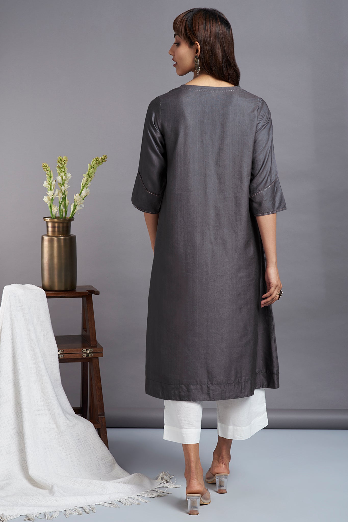 grey luxe silk square panel kurta with hand embroidery back view