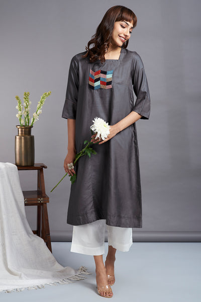 grey luxe silk square panel kurta with hand embroidery