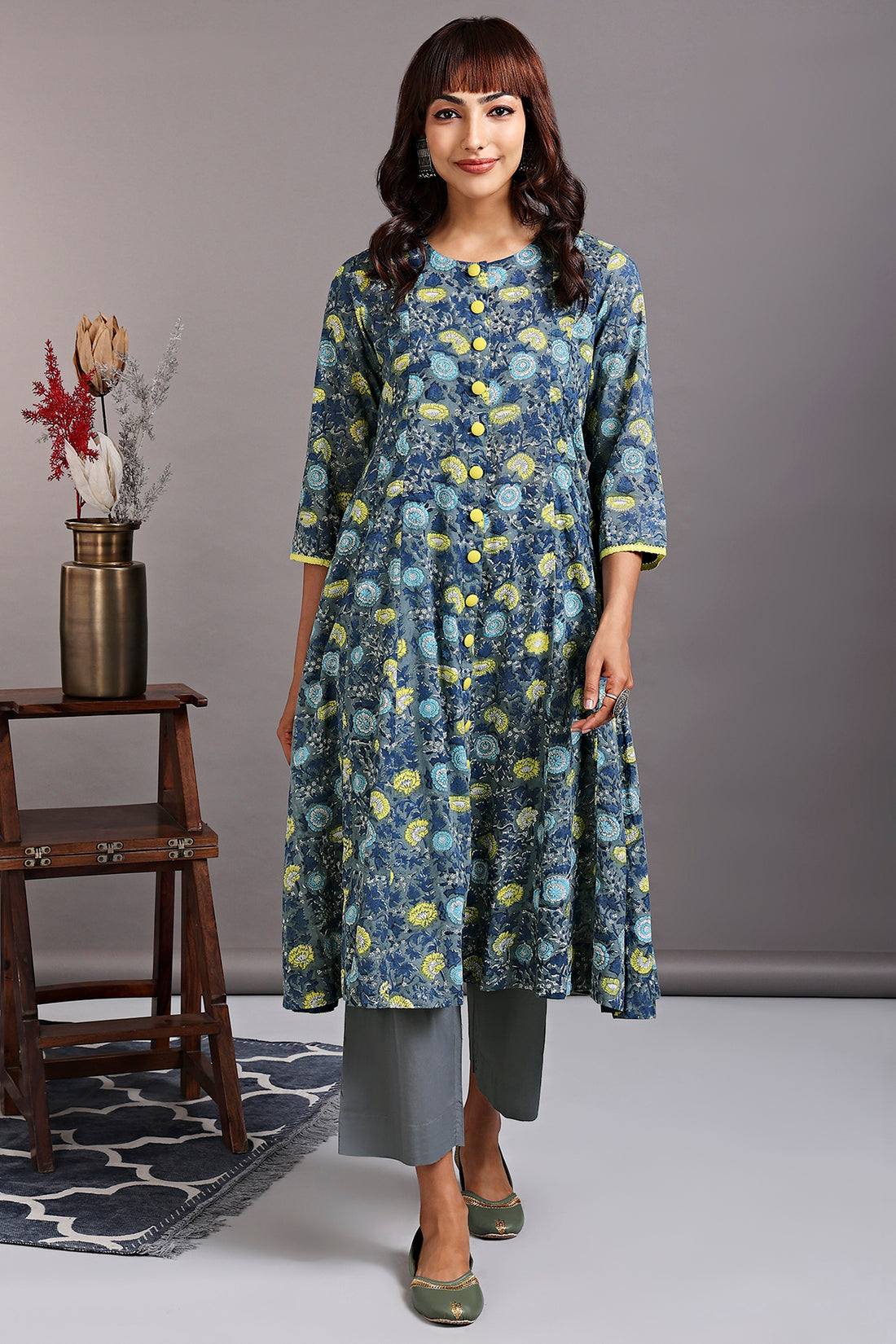 a-line button down kurta - grey chateau & sunshine yarrow