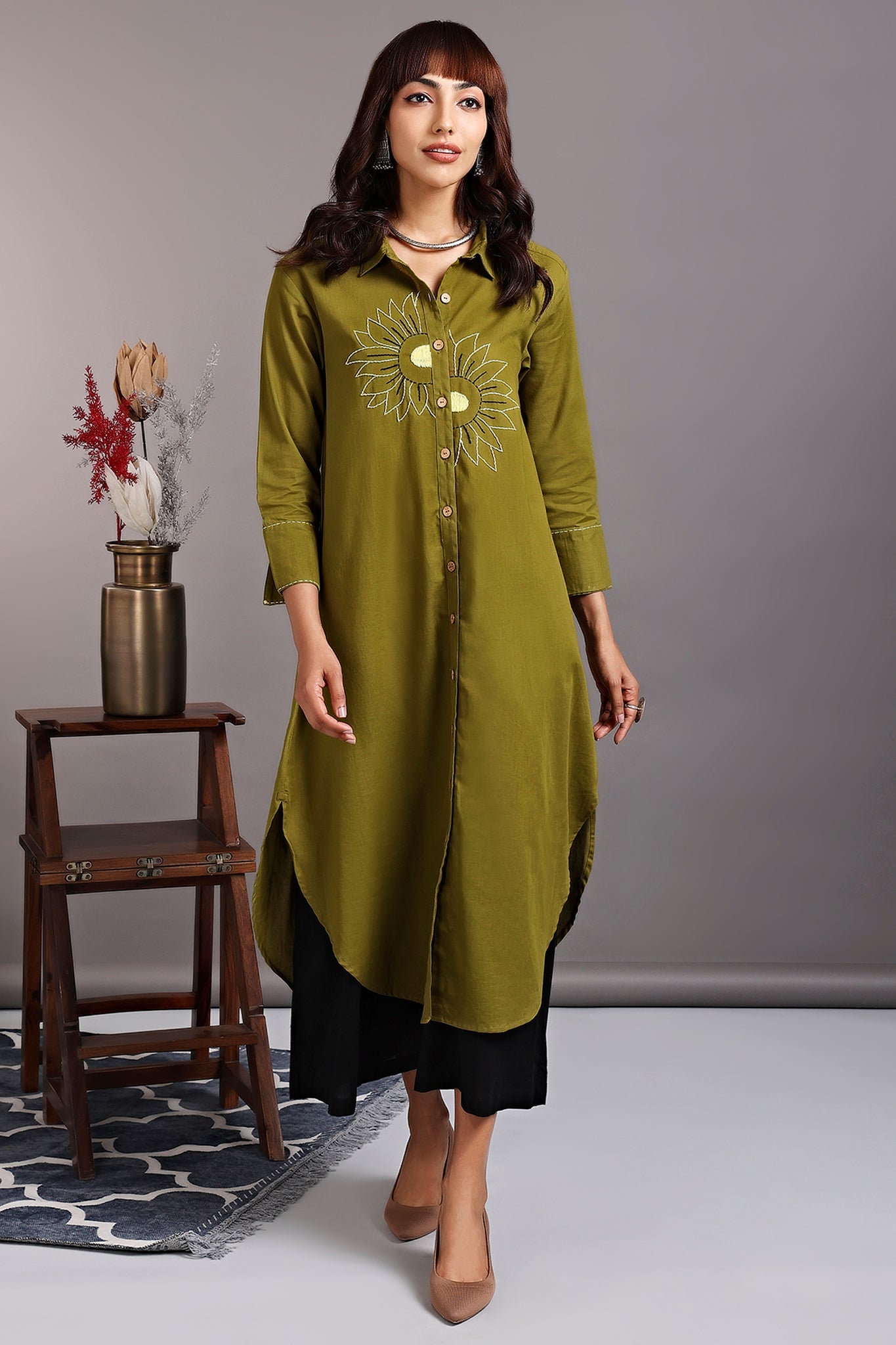 long shirt dress - midsummer sunflower & seaweed green - maati crafts long shirt dress - midsummer sunflower & seaweed green - maati crafts