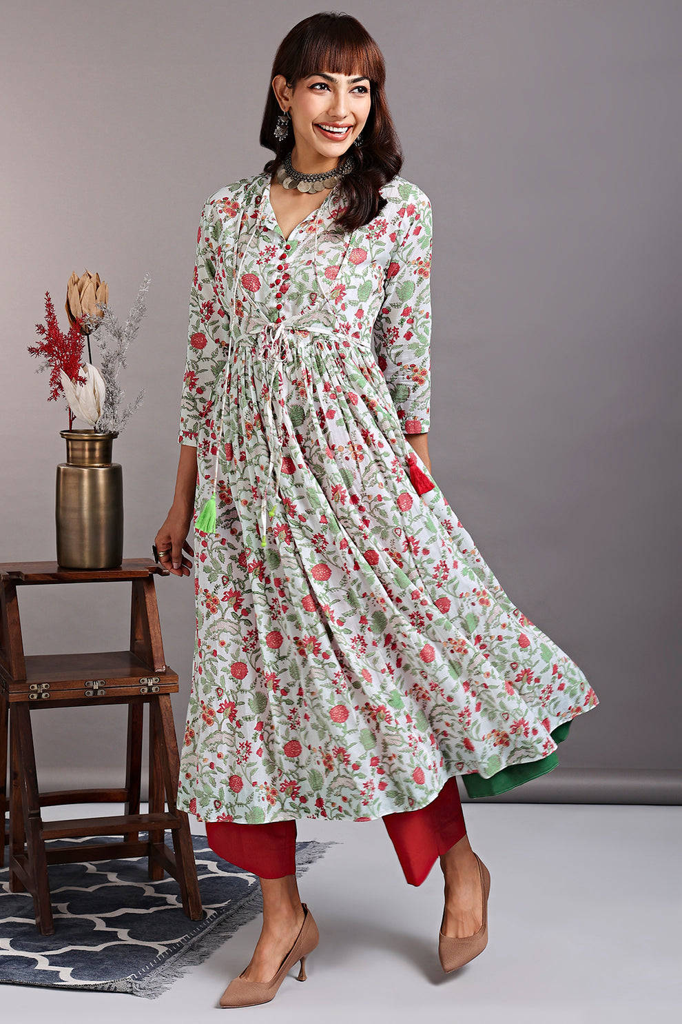 mughal anarkali with tie up jacket and gathers - sapphire blue & shimmering green